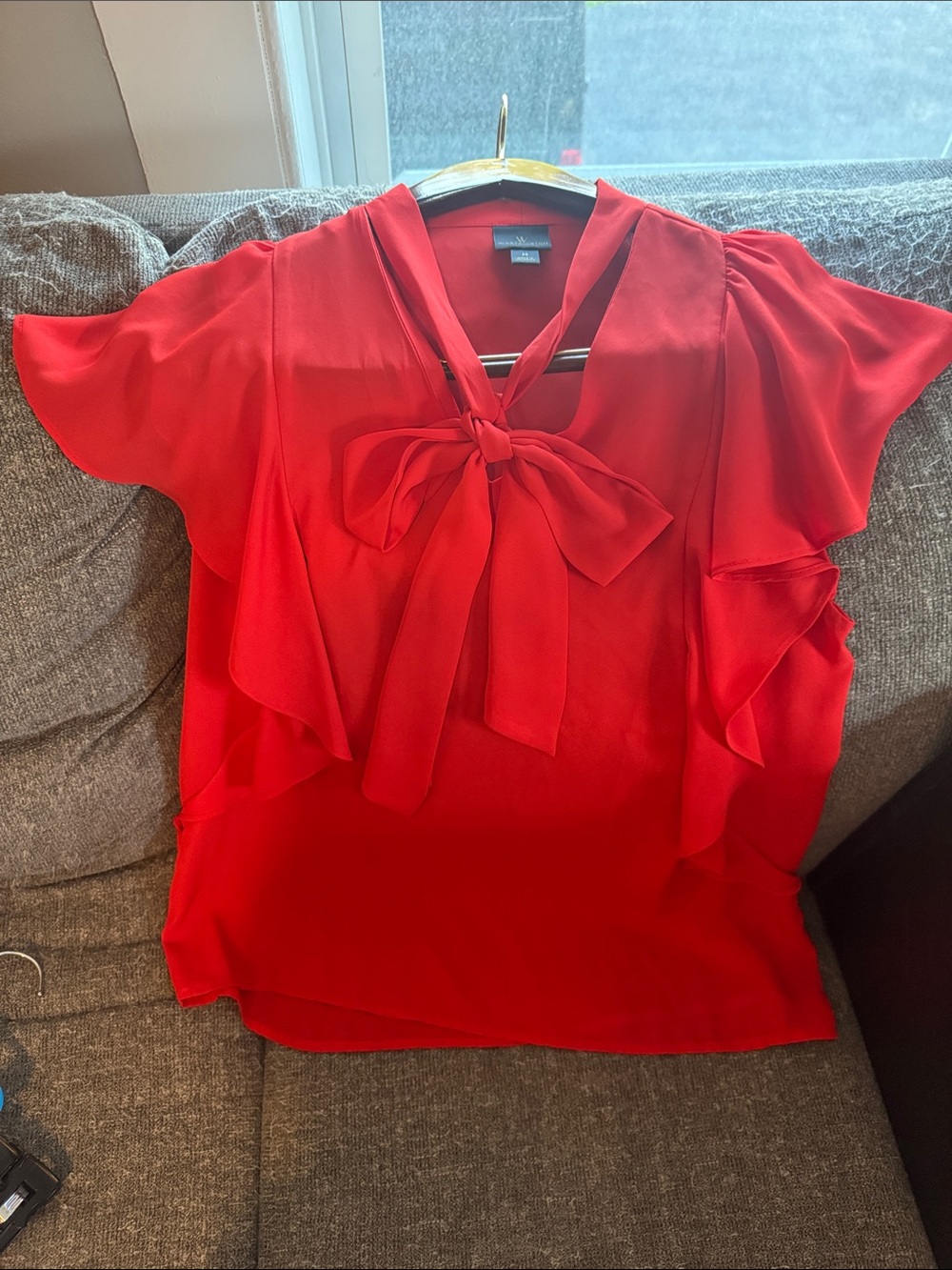 Worthington Red Tie-Neck Flutter Sleeve Blouse